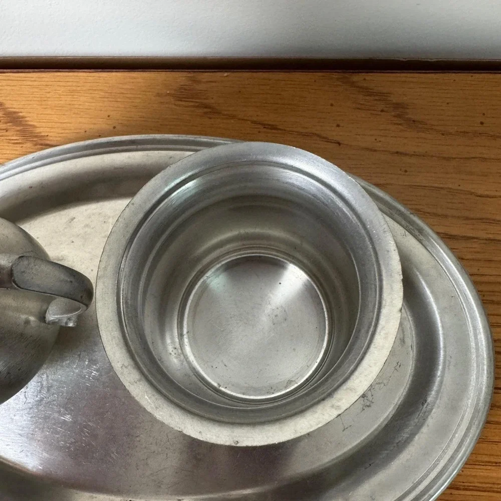 Web Pewter‎ Early American Creamer Sugar Bowl and Oval Tray Set 3 Piece Vintage